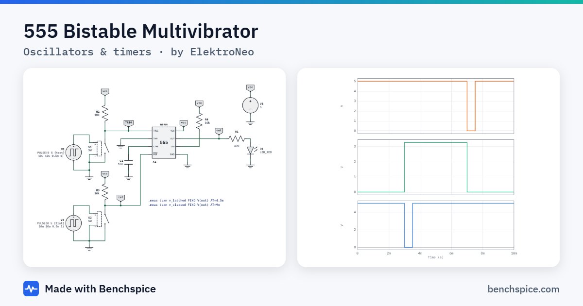 555 Bistable Multivibrator: schematic and simulated waveforms of a oscillators & timers circuit